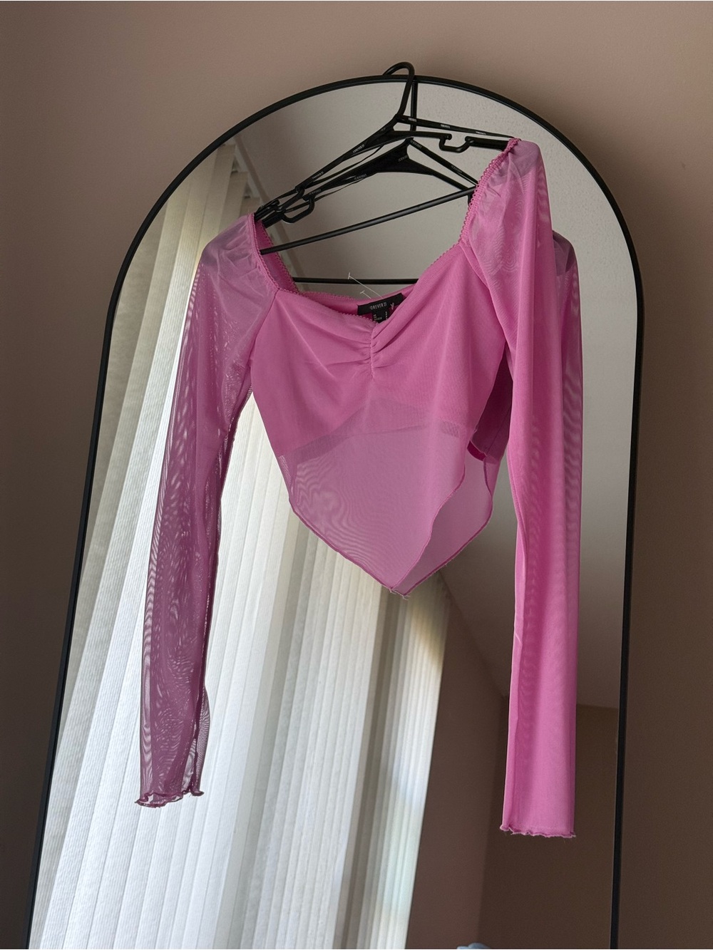 Forever 21 Pink Sheer Mesh Long Sleeve Crop Top Size Small